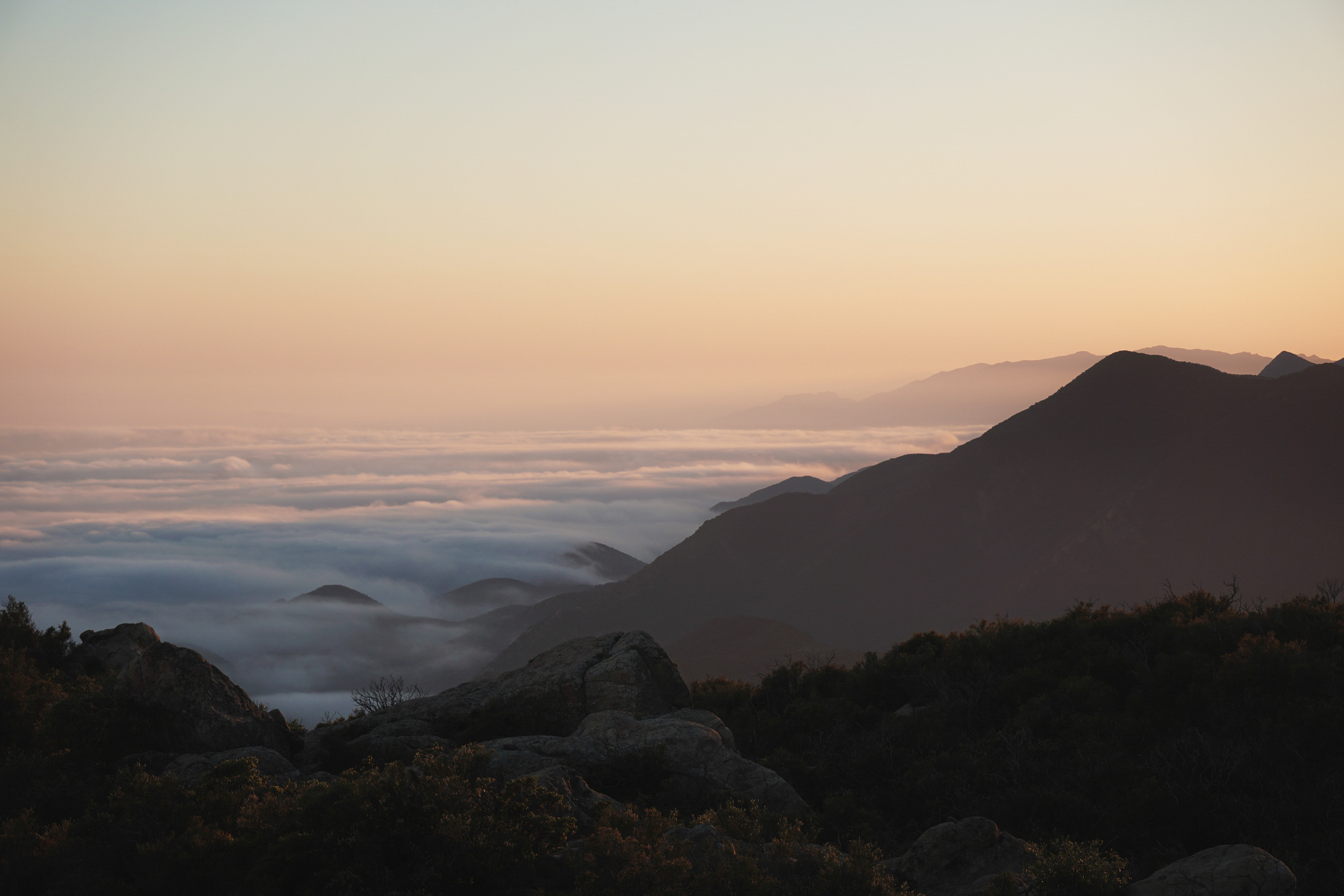 A mountain ridge above a sea of clouds at golden hour.